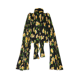 Women's Scarf Pleated Blouse - Black/Yellow