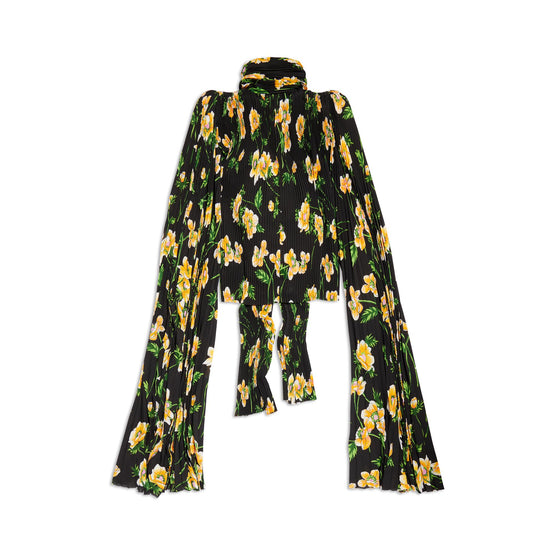 Women's Scarf Pleated Blouse - Black/Yellow