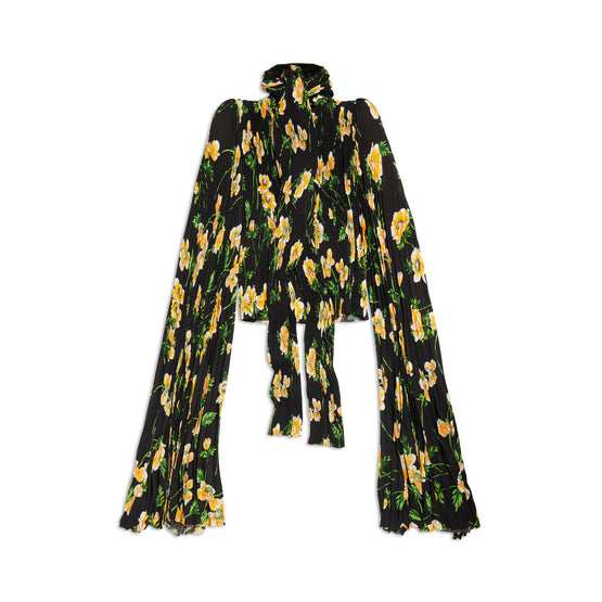 Women's Scarf Pleated Blouse - Black/Yellow
