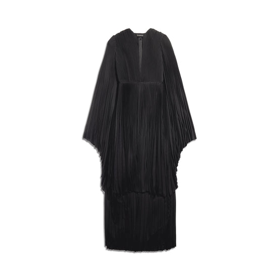 Women's V Neck Pleated Dress - Black