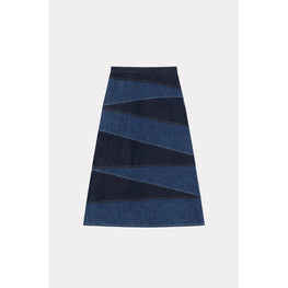 Women Blue Patchwork Long Skirt - Rinse Blue Denim