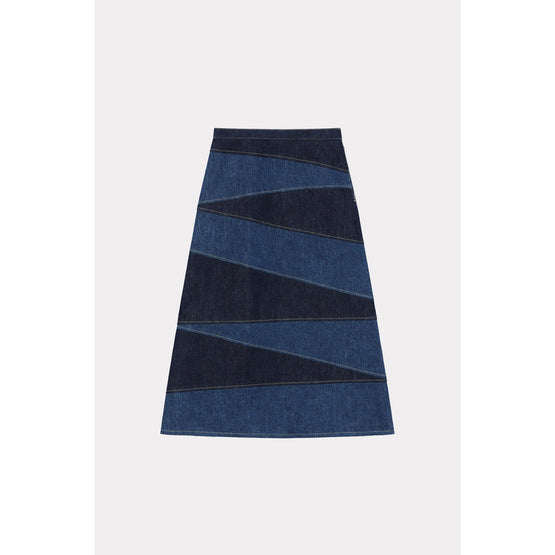 Women Blue Patchwork Long Skirt - Rinse Blue Denim