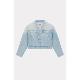 Women Cropped Denim Jacket - Medium Stone Blue Denim