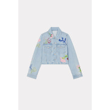 Women Drawn Flowers Trucker Jacket - Stone Bleached Blue Denim