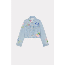 Women Drawn Flowers Trucker Jacket - Stone Bleached Blue Denim
