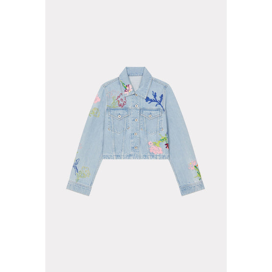 Women Drawn Flowers Trucker Jacket - Stone Bleached Blue Denim