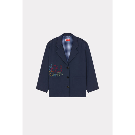 Women Drawn Flowers Workwear Jacket - Midnight Blue