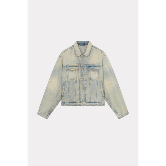 Men Drawn Varsity Denim Trucker Jk - Stone Bl Dirty Blue Denim